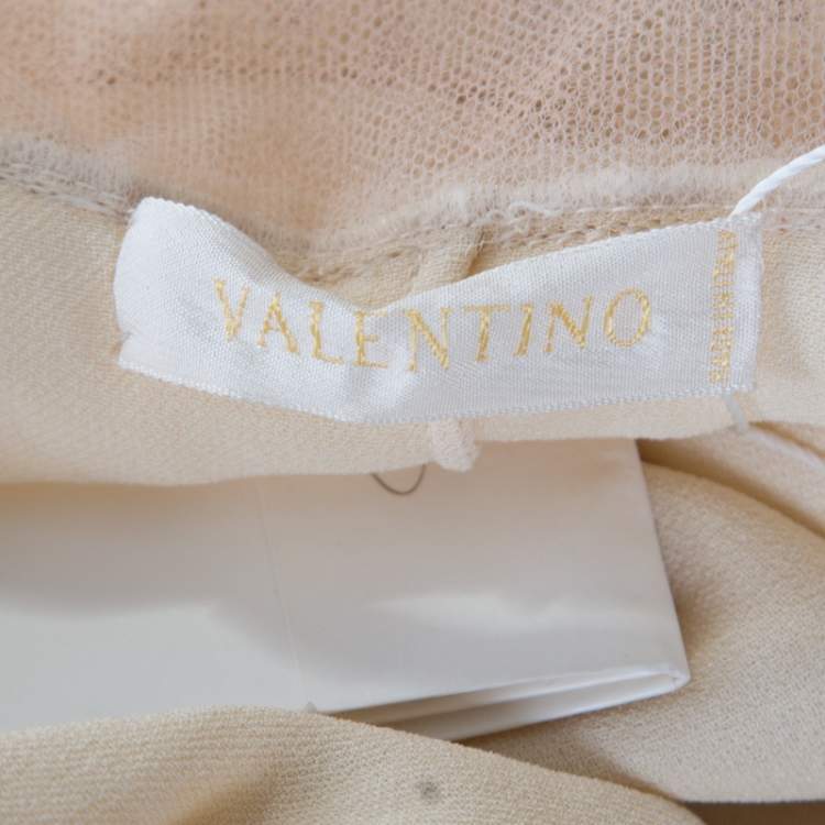 Pre Owned Valentino Buttercream Crepe Bow Detail Lace Babydoll Top L