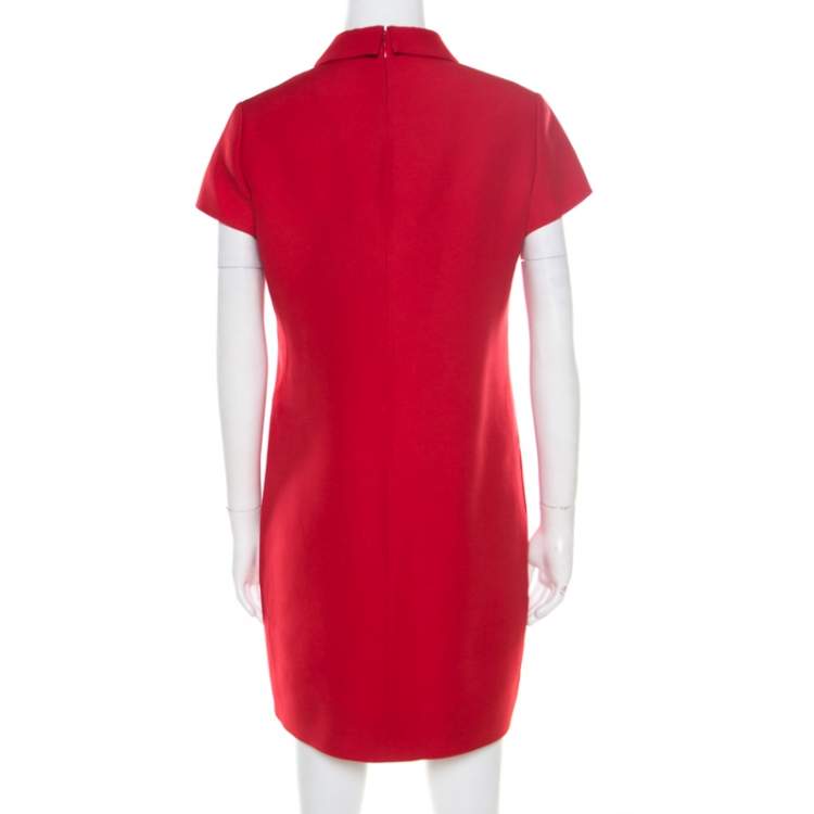 Pre Owned Valentino Red Wool and Silk Collared Short Sleeve Dress M
