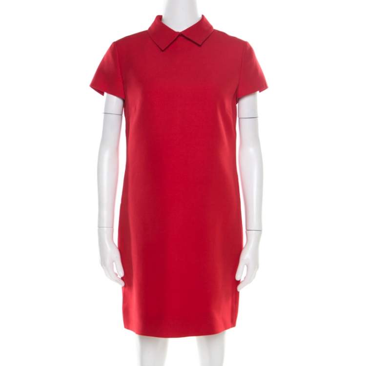 Pre Owned Valentino Red Wool and Silk Collared Short Sleeve Dress M