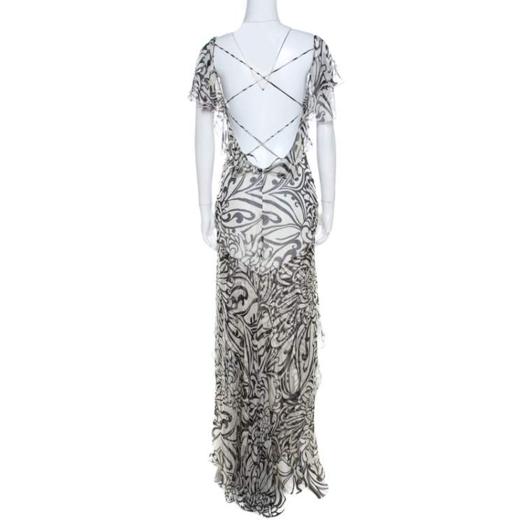 مملوكة مسبقًا Valentino Monochrome Floral Printed Silk Ruffled Backless Evening Gown M