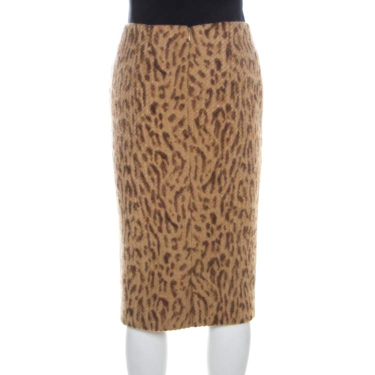 Pre Owned Valentino Beige Leopard Print Angora & Silk Blend Pencil Skirt S