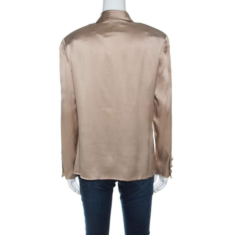 Pre Owned Valentino Boutique Vintage Beige Satin Silk Button Front Tie Detail Blouse L