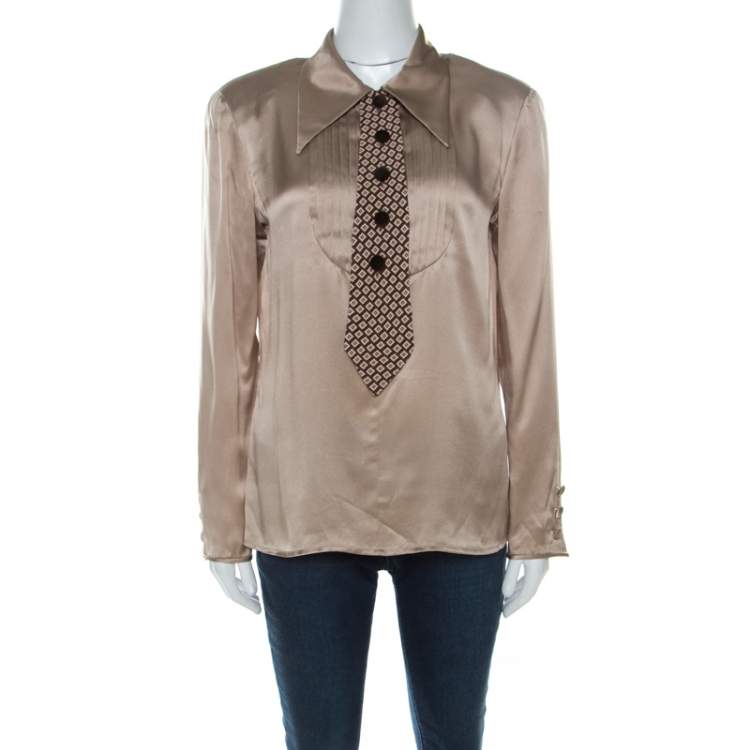 Pre Owned Valentino Boutique Vintage Beige Satin Silk Button Front Tie Detail Blouse L