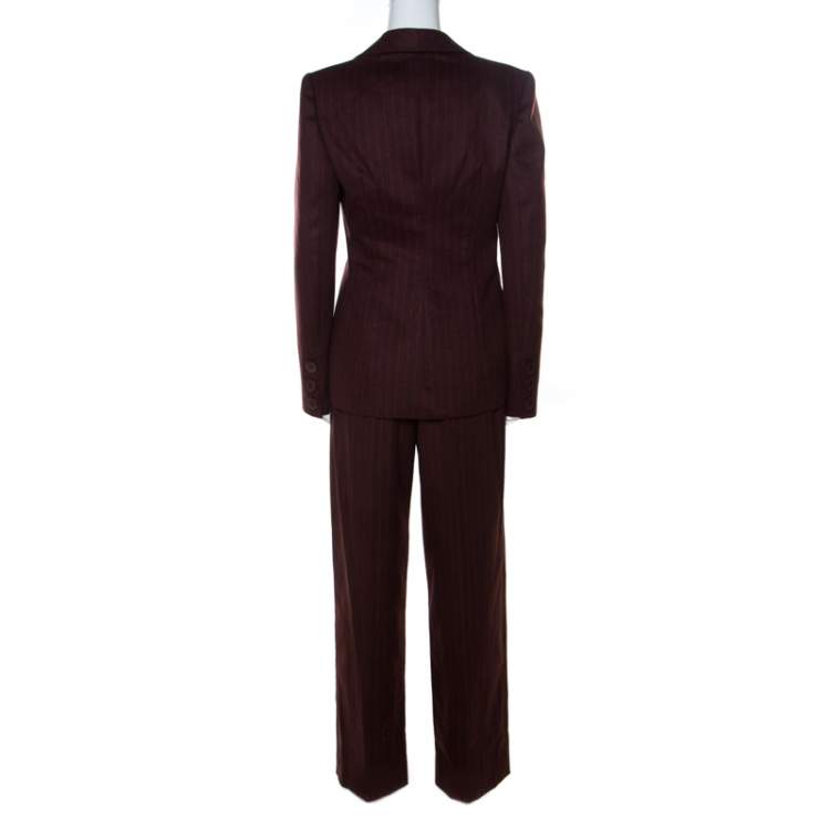 Pre Owned Valentino Burgundy Pinstripe Cashmere Classic Tailored Pantsuit M 