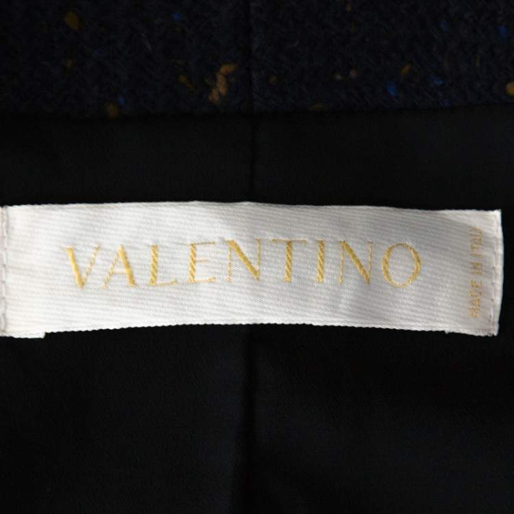 Pre Owned Valentino Dark Blue Patterned Tweed Wool Blazer and Skirt Set XL 
