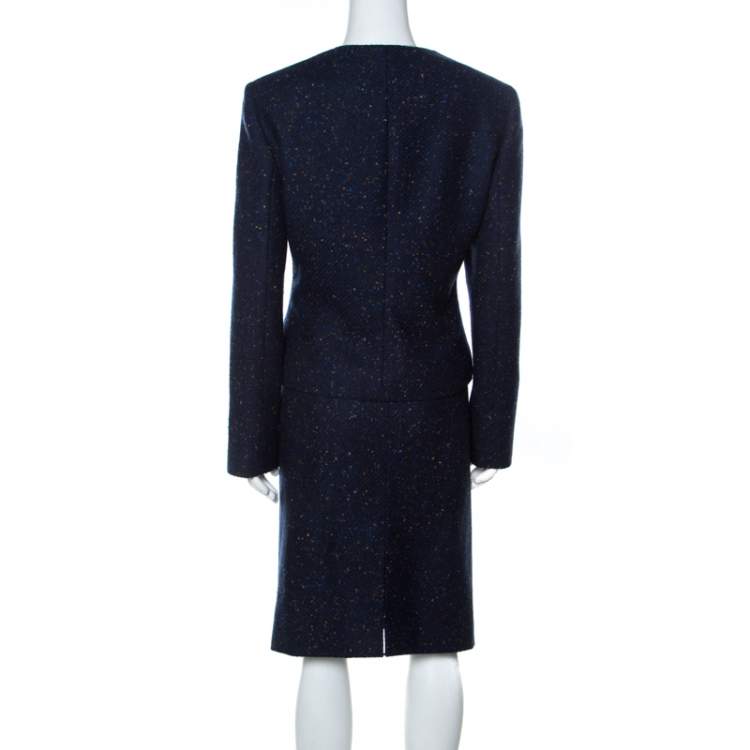 Pre Owned Valentino Dark Blue Patterned Tweed Wool Blazer and Skirt Set XL 