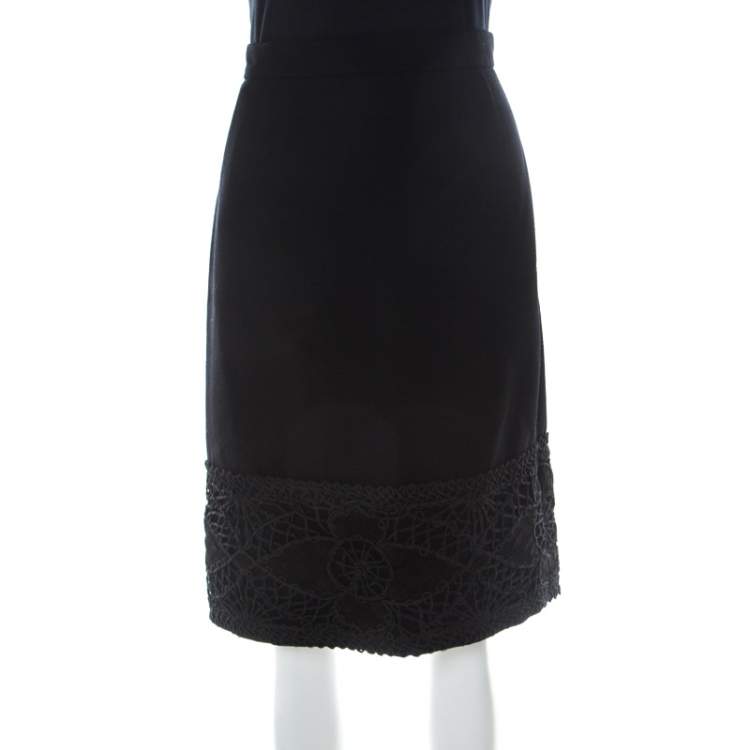 Pre Owned Valentino Boutique Vintage Black Crepe Wool Corded Lace Hem Detail Skirt L