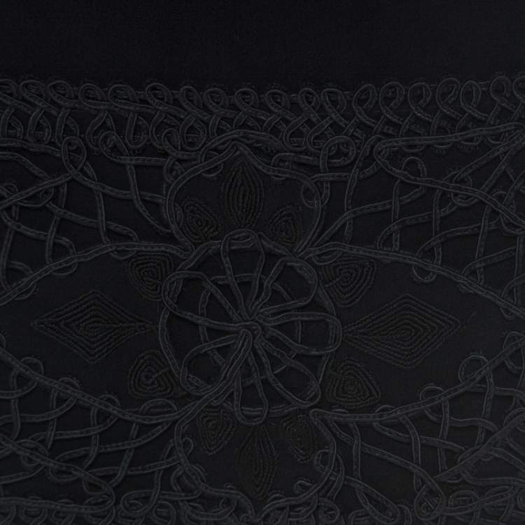 Pre Owned Valentino Boutique Vintage Black Crepe Wool Corded Lace Hem Detail Skirt L