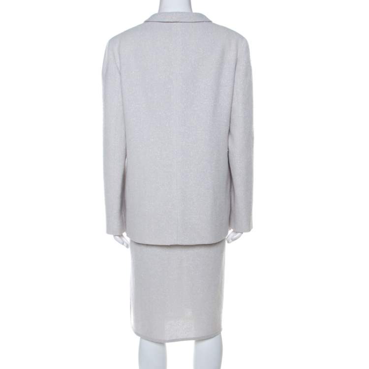 Pre Owned Valentino Boutique Vintage Light Grey Boucle Wool Skirt Suit XL 