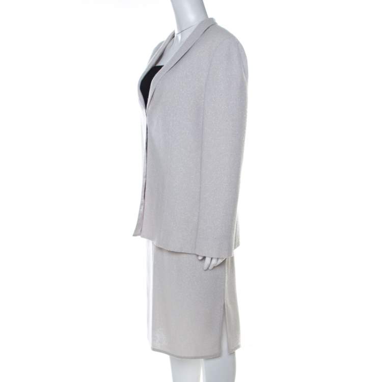 Pre Owned Valentino Boutique Vintage Light Grey Boucle Wool Skirt Suit XL 