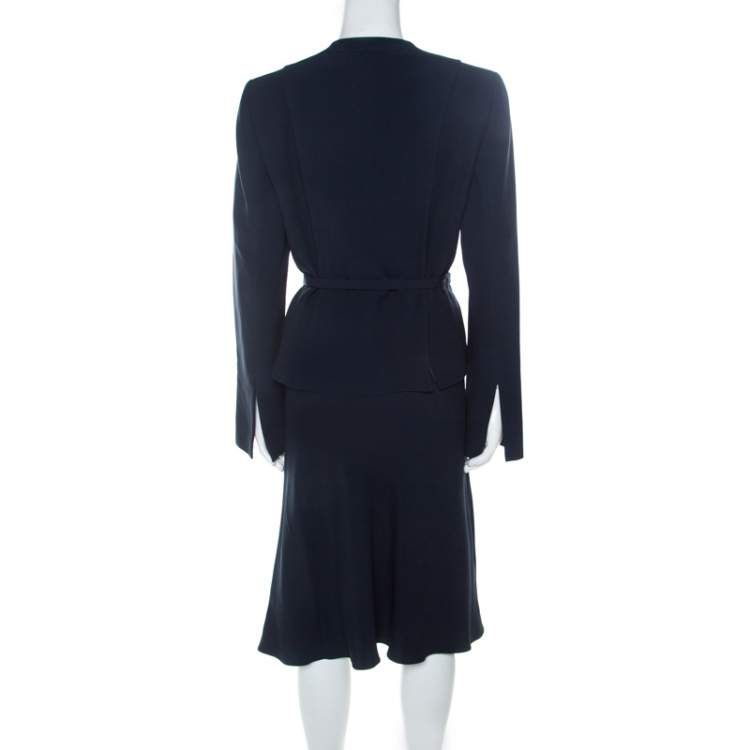 Pre Owned Valentino Navy Blue Crepe Belted Blazer And Skirt Suit L 