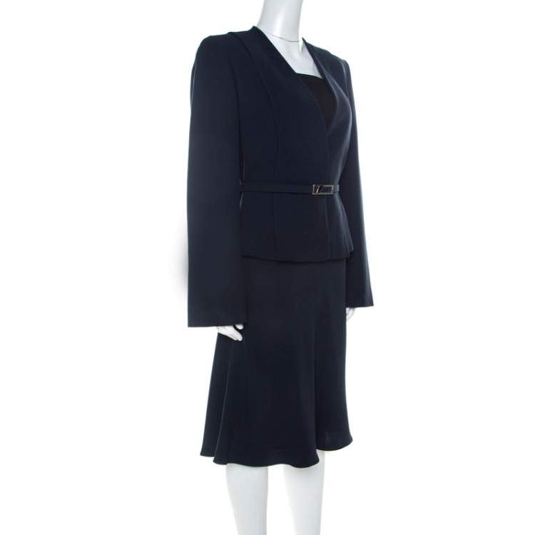 Pre Owned Valentino Navy Blue Crepe Belted Blazer And Skirt Suit L 