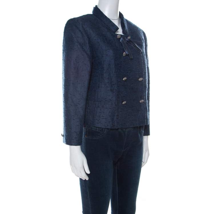 Pre Owned Valentino Blue Silk Jacquard Box Fit Cropped Jacket L 