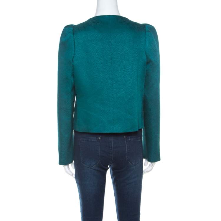 Pre Owned Valentino Green Jacquard Embellished Waist Cropped Jacket L 