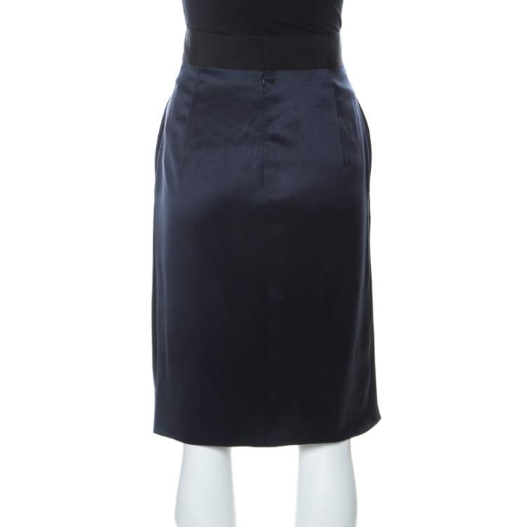Pre Owned Valentino Navy Blue Silk Pleated Front Midi Skirt M 