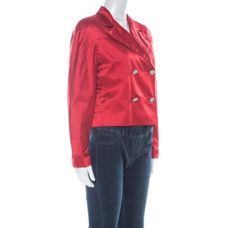 Pre Owned Valentino Red Satin Crystal Button Detail Blazer M