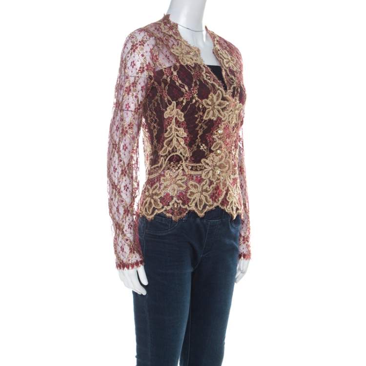 Pre Owned Valentino Boutique Vintage Red and Gold Lace Shrug M 