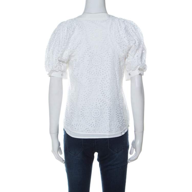 Pre Owned Valentino White Cotton Tattered Effect Puffed Sleeve Top S 