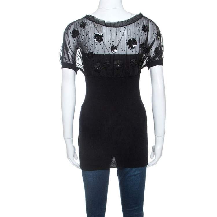 Pre Owned Valentino Black Wool and Silk Embellished Detail Top S