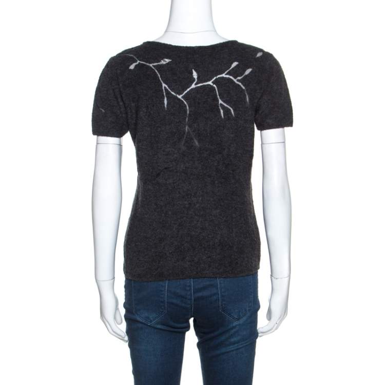 Pre Owned Valentino Dark Grey Wool Vine Panel Detail Short Sleeve Sweater M