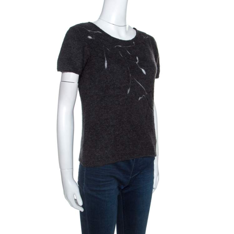 Pre Owned Valentino Dark Grey Wool Vine Panel Detail Short Sleeve Sweater M