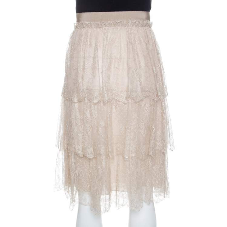 Pre Owned Valentino Beige Floral Tulle Tiered Skirt M