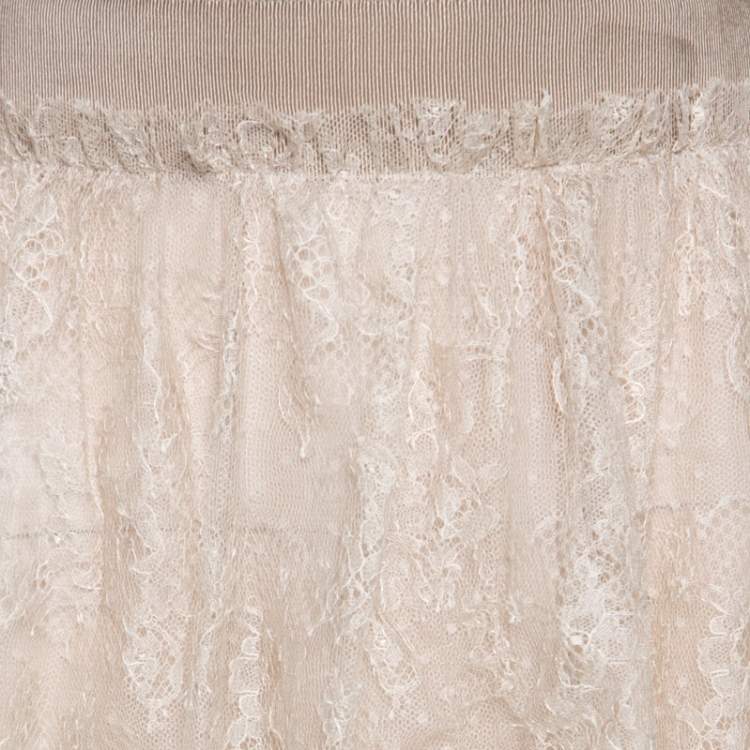 Pre Owned Valentino Beige Floral Tulle Tiered Skirt M