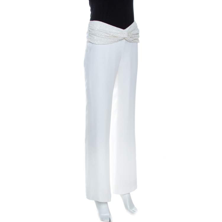 Pre Owned Valentino Off White Crepe Sequined Waist Band Detail Pants M