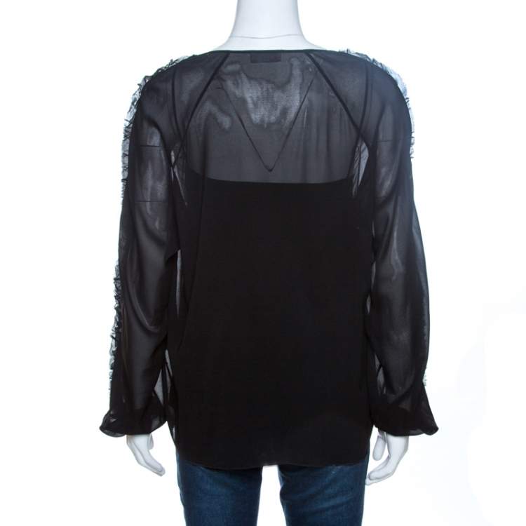Pre Owned RED Valentino Black Sheer Silk Ruffle Trim Blouse M