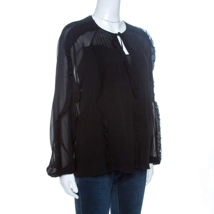 Pre Owned RED Valentino Black Sheer Silk Ruffle Trim Blouse M