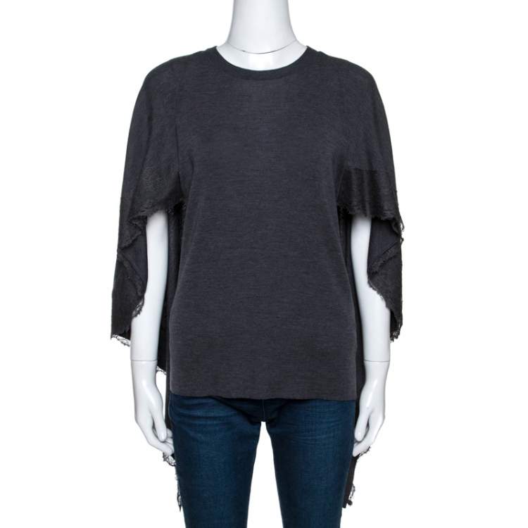 Pre Owned Valentino Grey Wool Knit Lace Trim Caped Sweater M