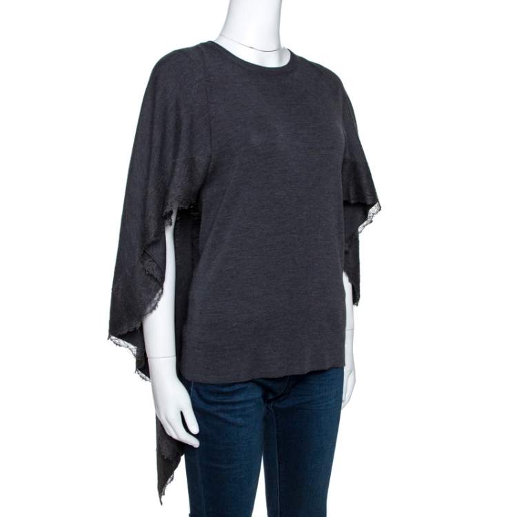Pre Owned Valentino Grey Wool Knit Lace Trim Caped Sweater M
