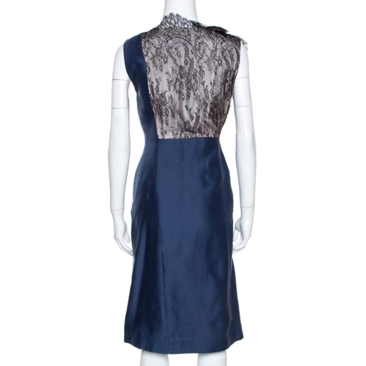 Pre Owned Valentino Navy Blue Lace Trim Ruffled Sheath Dress M