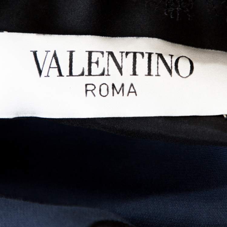 Pre Owned Valentino Navy Blue Lace Trim Ruffled Sheath Dress M