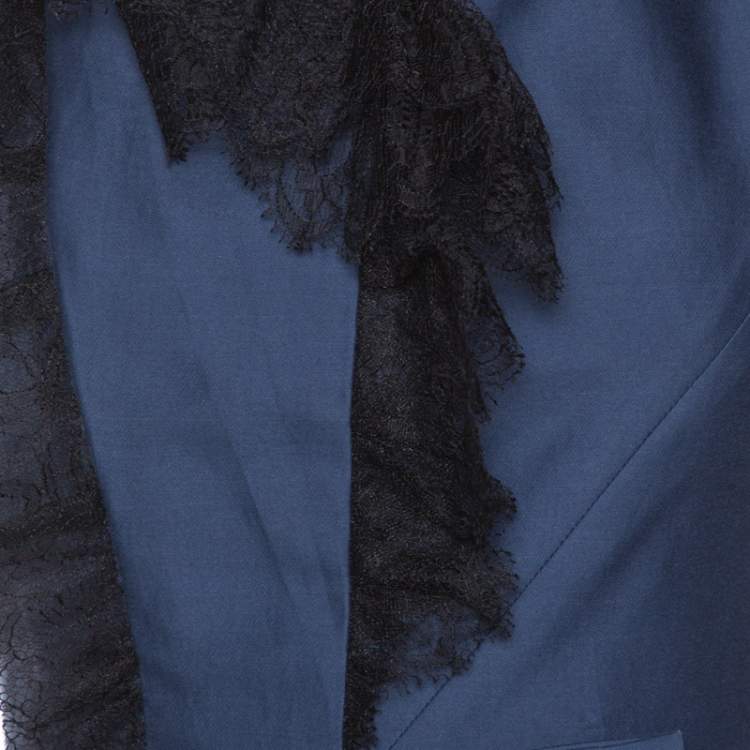 Pre Owned Valentino Navy Blue Lace Trim Ruffled Sheath Dress M