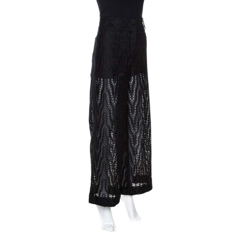 Pre Owned Valentino Black Eyelet Lace Cotton Wide Leg Pants S