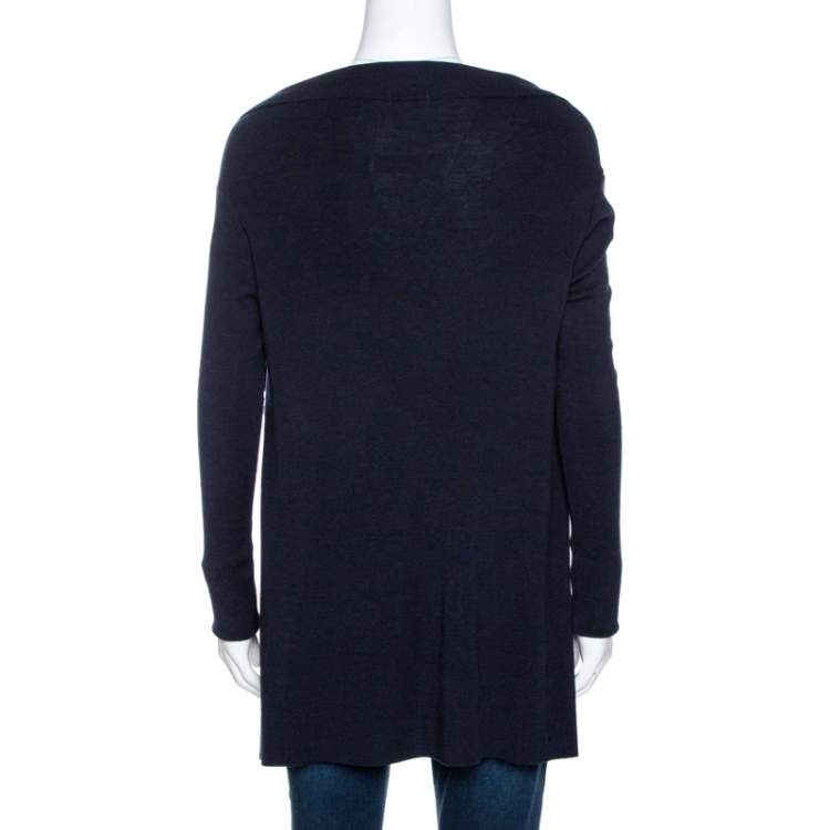 Pre Owned Valentino Navy Blue Knit Lace Trim Waterfall Front Cardigan M