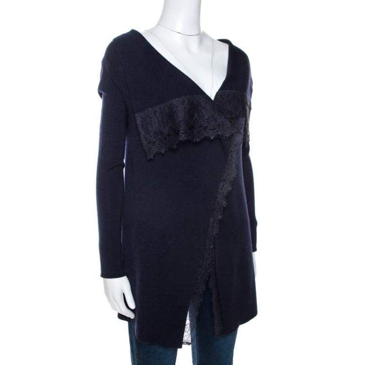 Valentino Navy Blue Knit Lace Trim Waterfall Front Cardigan M