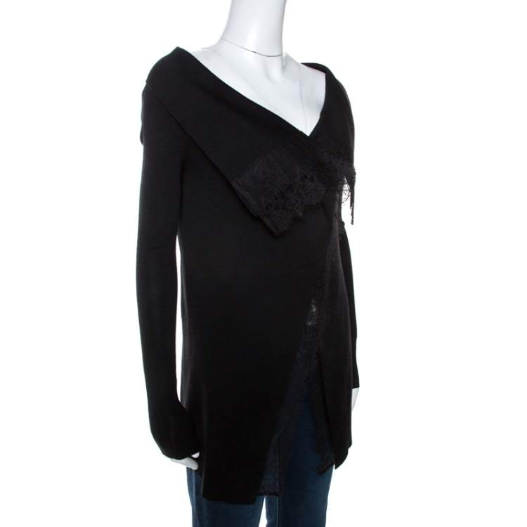 Pre Owned Valentino Black Knit Lace Trim Waterfall Front Cardigan M
