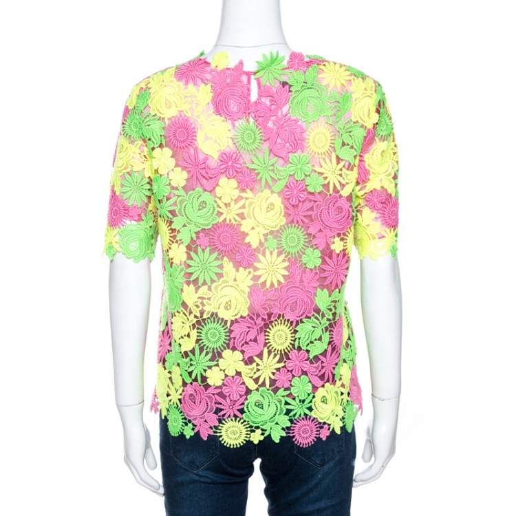 Pre Owned Valentino Multicolor Neon Floral Guipure Lace Top S