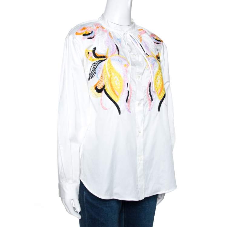 Pre Owned Valentino White Cotton Poplin Floral Embroidered Button Front Shirt M