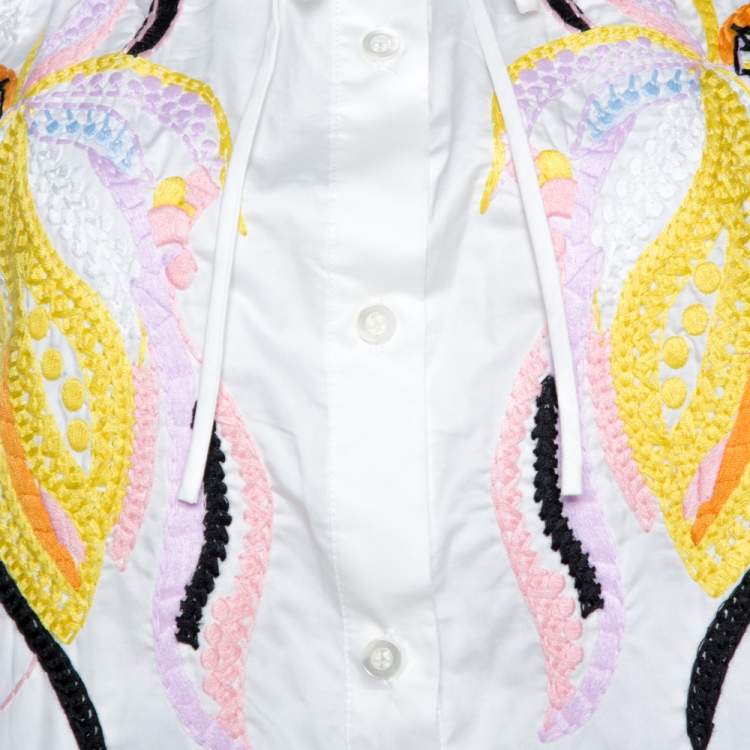 Pre Owned Valentino White Cotton Poplin Floral Embroidered Button Front Shirt M
