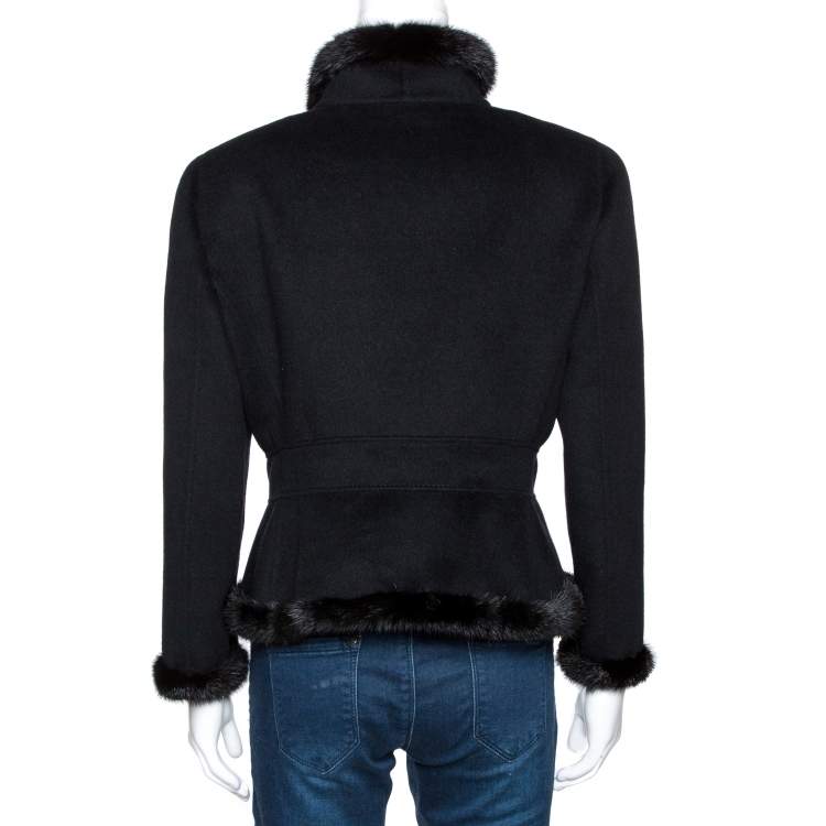 Pre Owned Valentino Black Felt Wool Fur Trim Belted Jacket XL