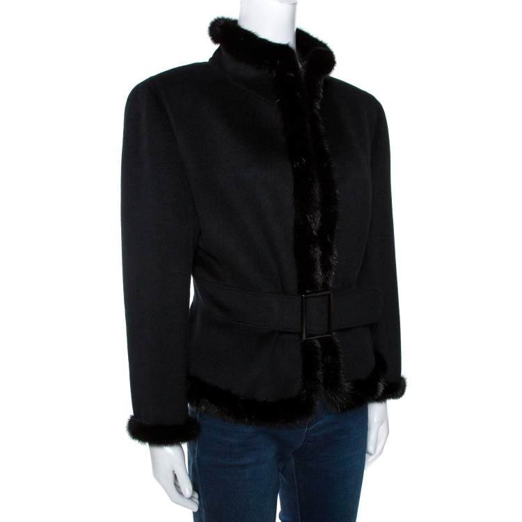 Pre Owned Valentino Black Felt Wool Fur Trim Belted Jacket XL