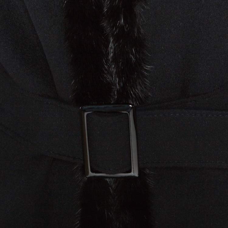 Pre Owned Valentino Black Felt Wool Fur Trim Belted Jacket XL