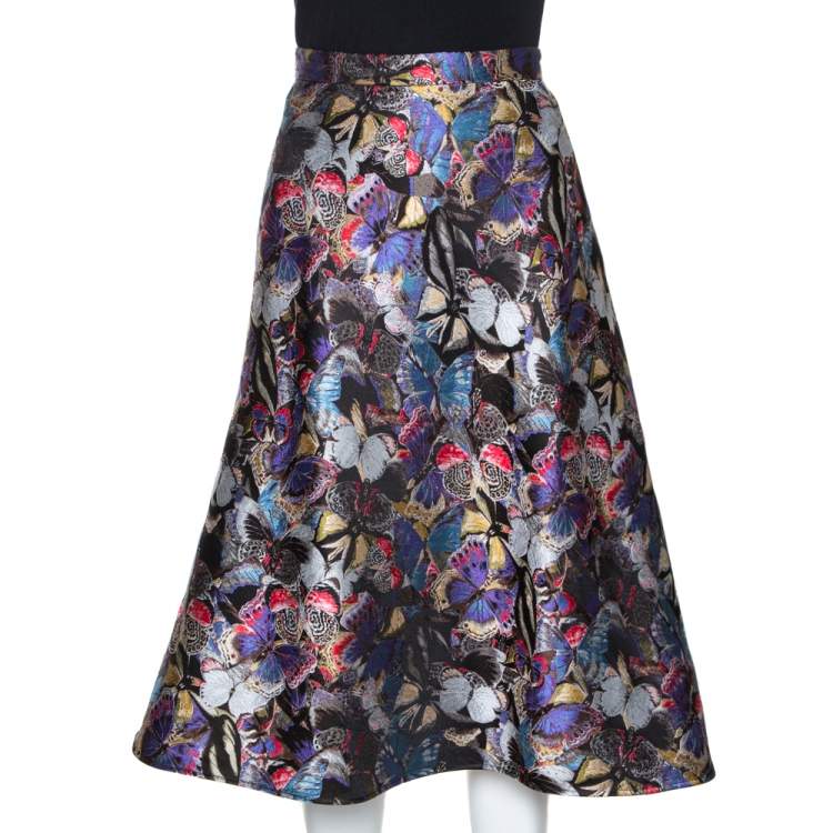 Pre Owned Valentino Multicolor Butterfly Silk Brocade Midi Skirt M