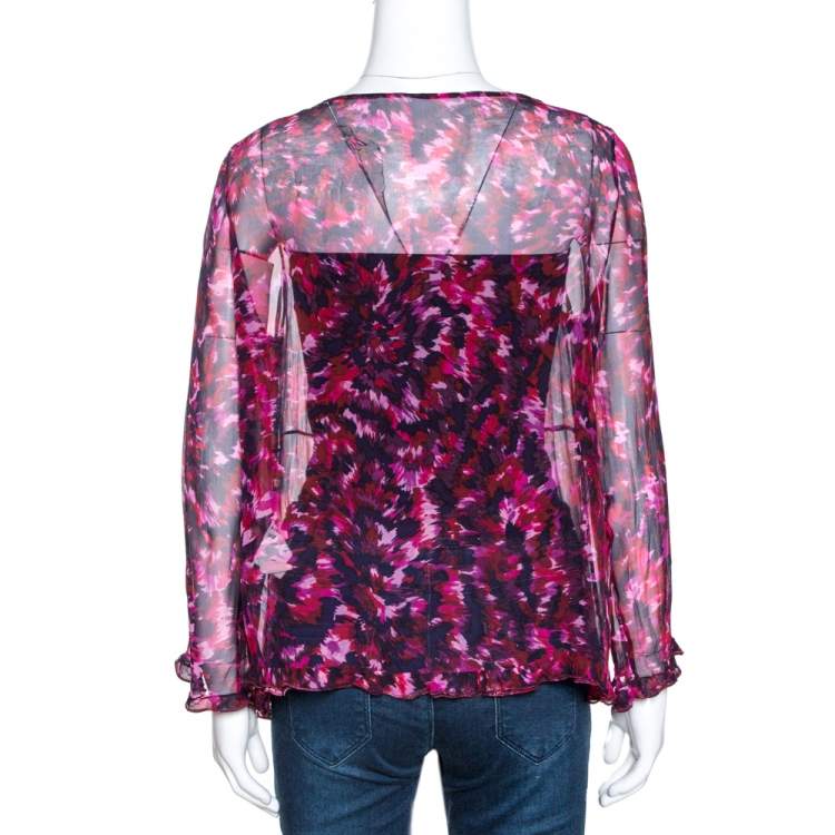 Pre Owned Valentino Purple Printed Silk Ruffle Front Blouse XL