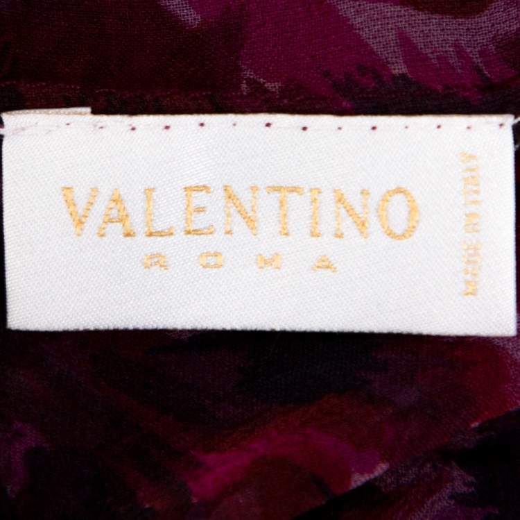 Pre Owned Valentino Purple Printed Silk Ruffle Front Blouse XL