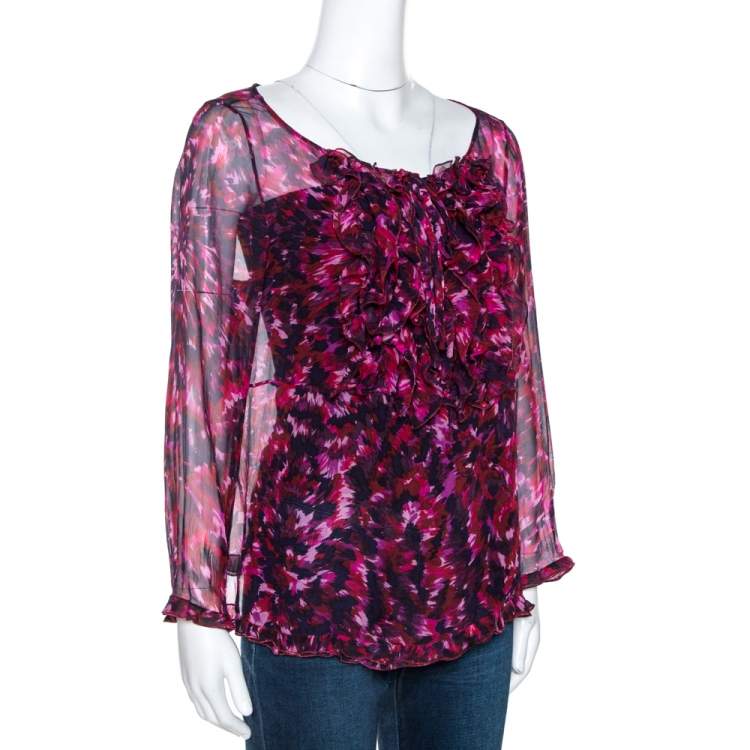 Pre Owned Valentino Purple Printed Silk Ruffle Front Blouse XL