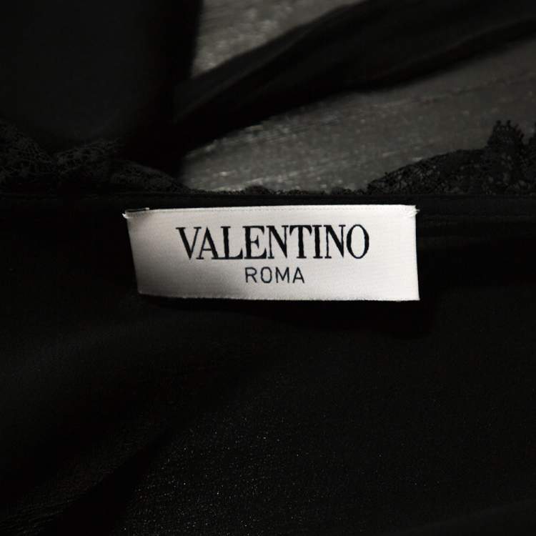 Pre Owned Valentino Black Silk Floral Embellished Lace Trim Blouse L